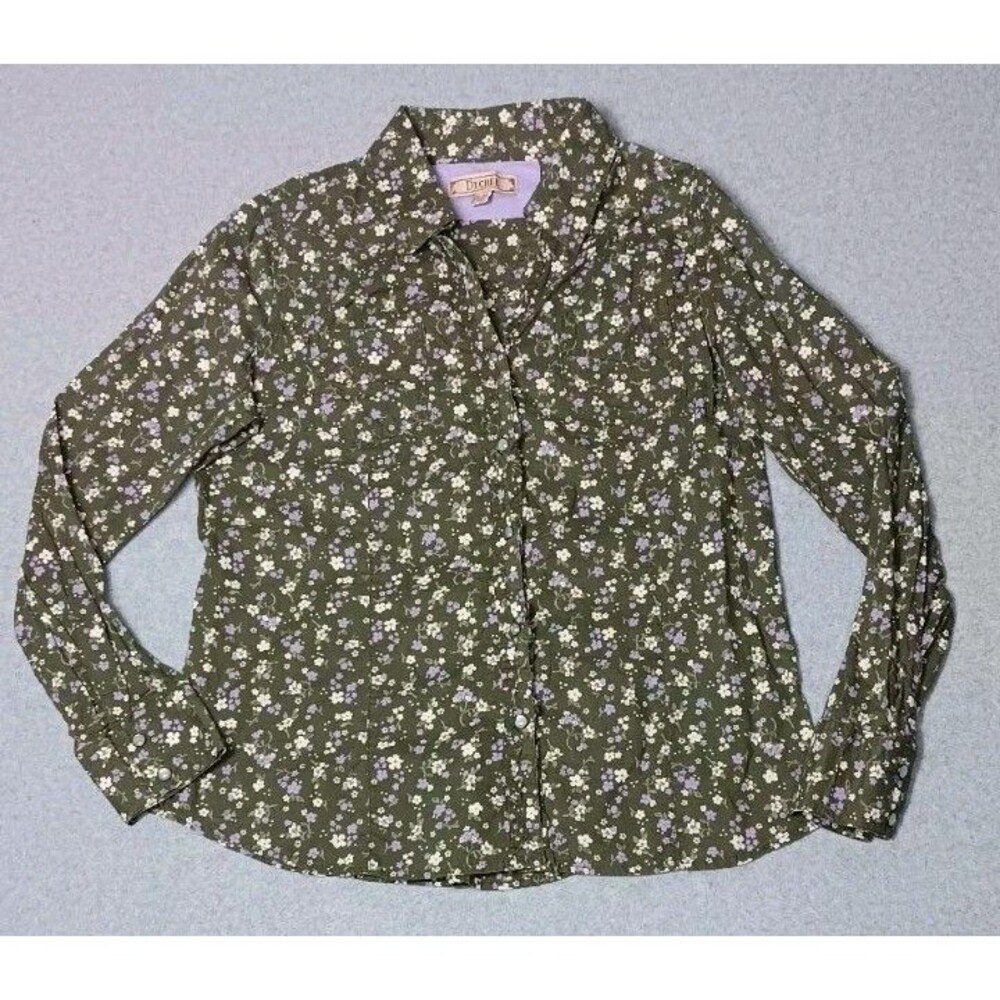 Decree Ruffled Long Sleeve Pearl Snap Button Up Womens XL Green Ditsy Floral